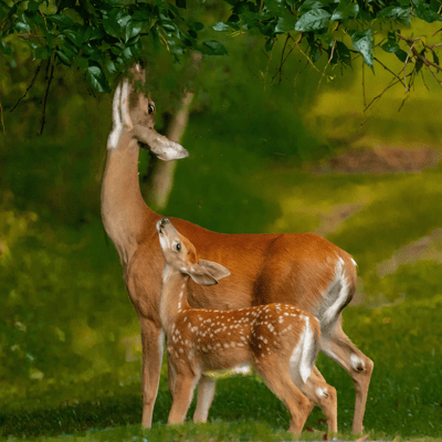 two deer eating the leaves of a tree