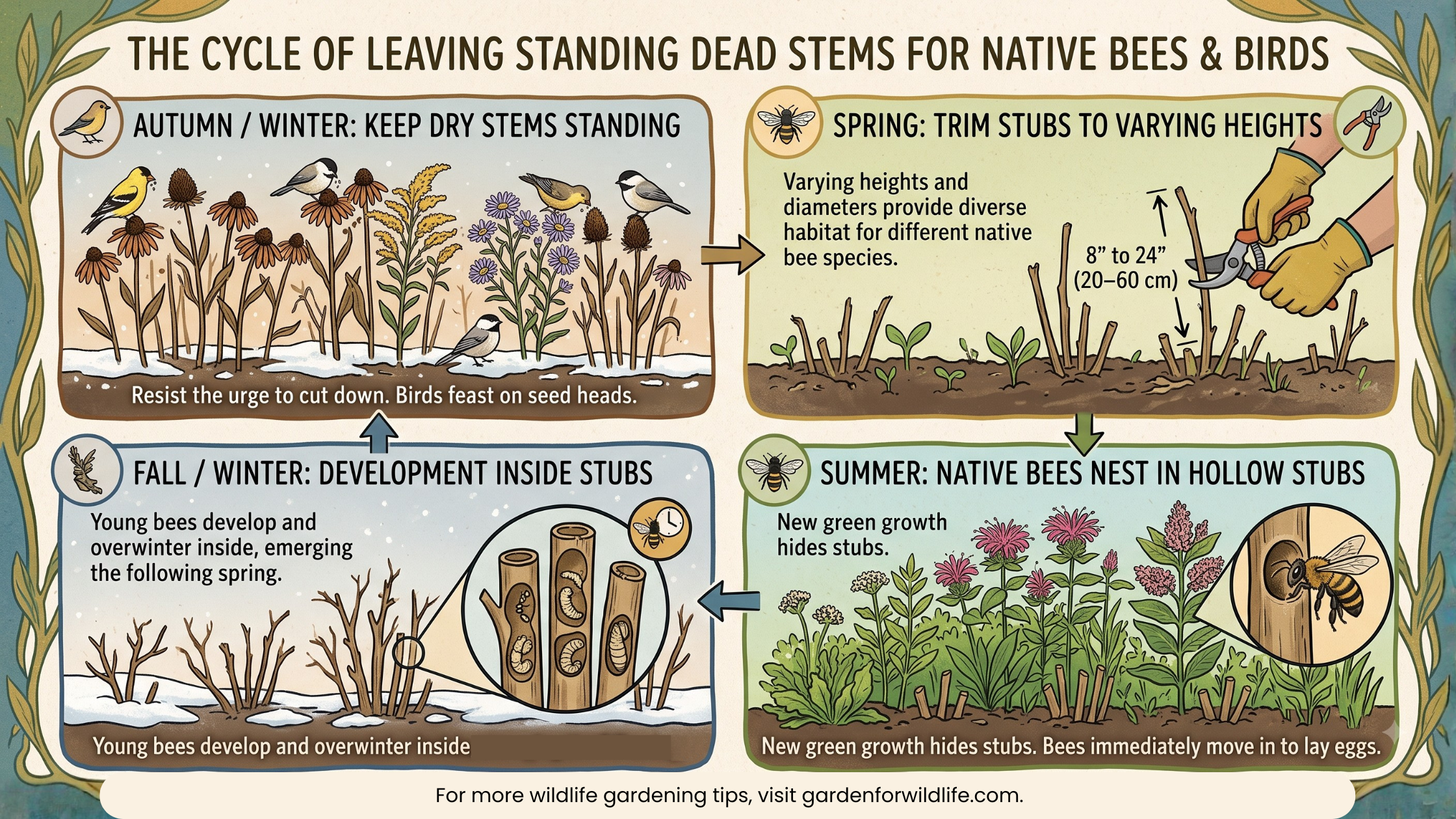 Infographic on they cycle of leaving standing dead stems for native bees and birds