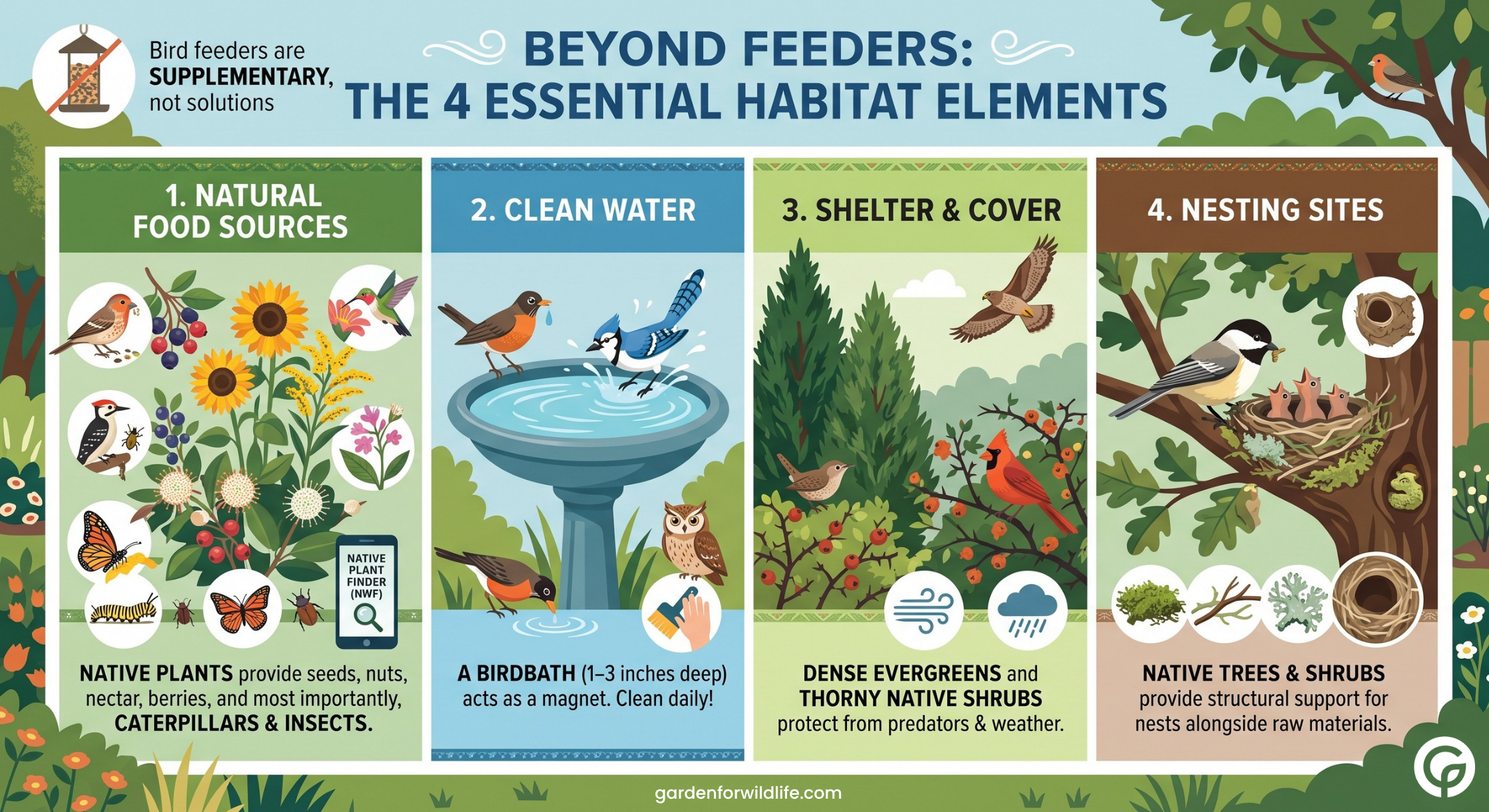 Beyond Bird Feeders: The 4 Essential Habitat Elements. Natural Food Sources, Clean Water, Shelter & Cover, Nesting Sites