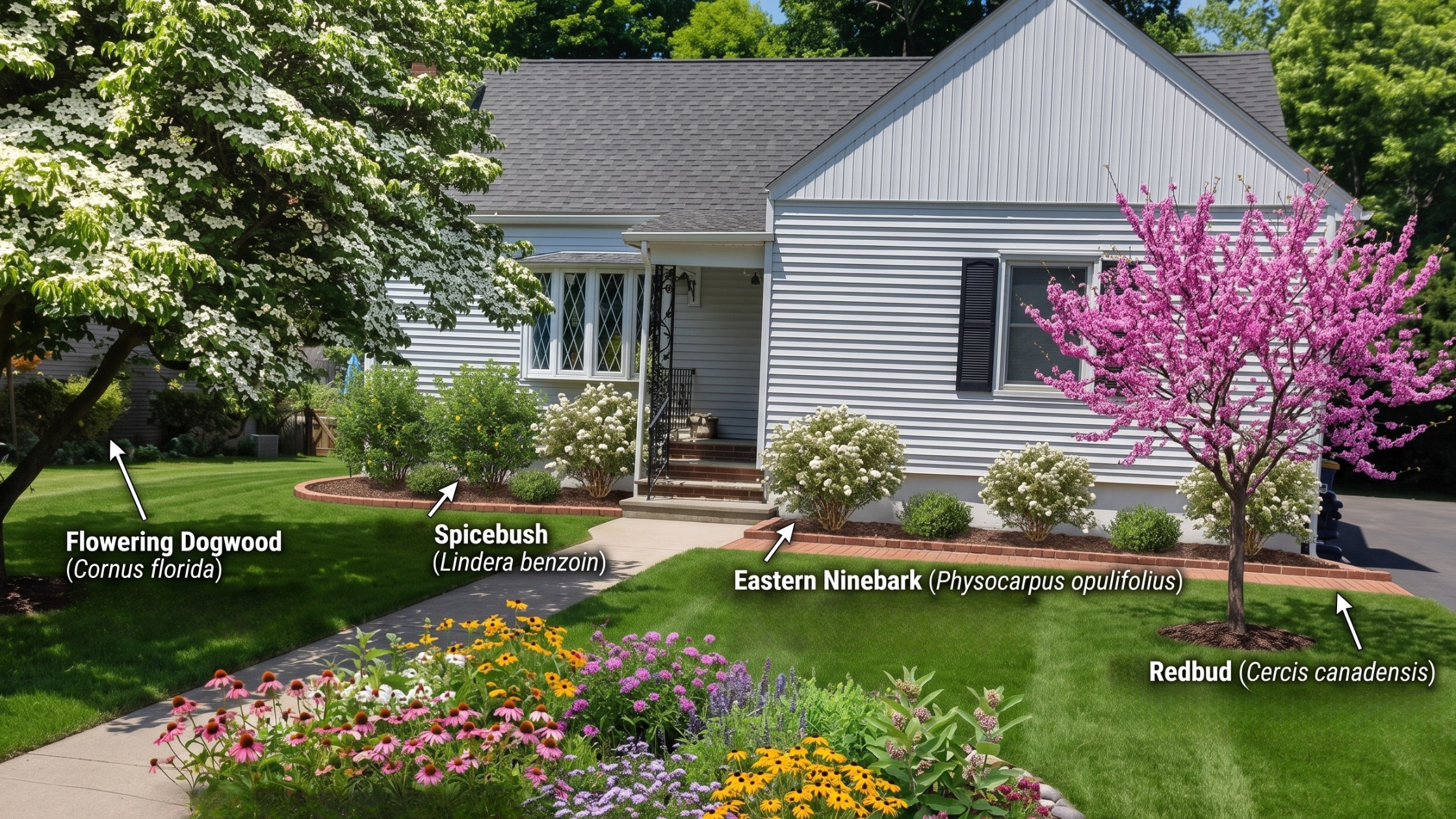 a suburban front yard with native trees and shrubs