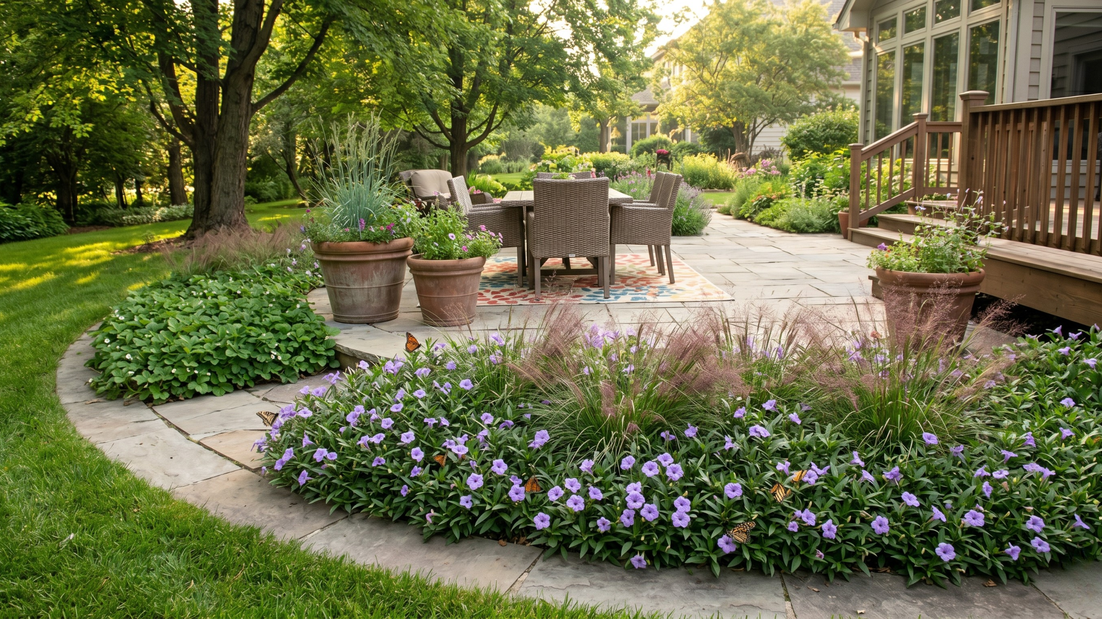 wild petunia and purple lovegrass in the patio surround