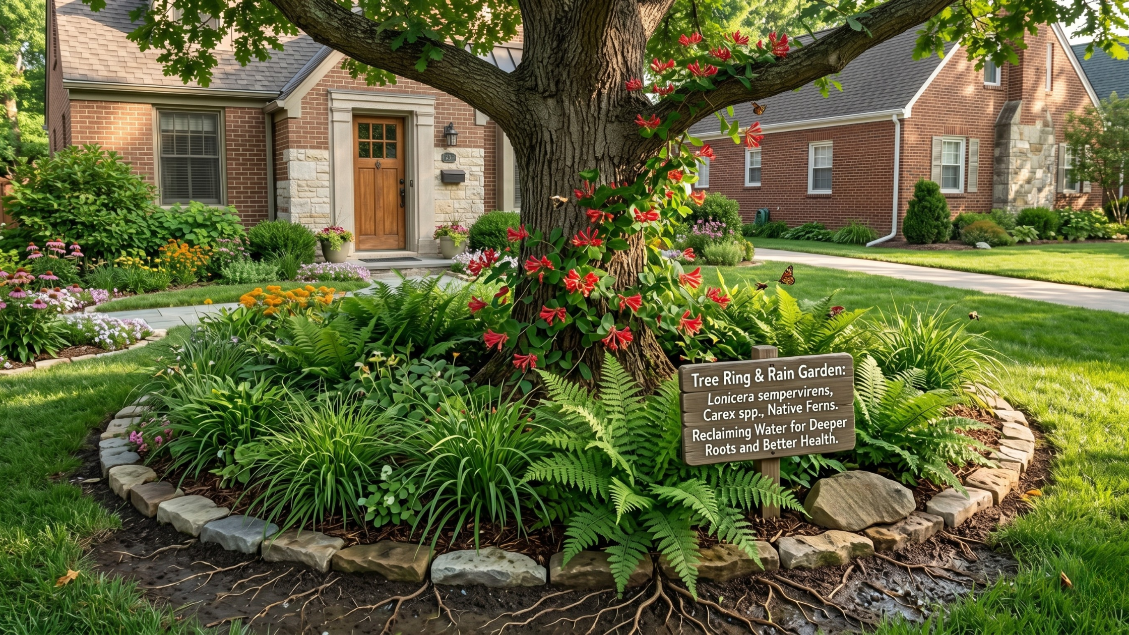 coral honeysuckle, native sedges and fern in a ring around a tree