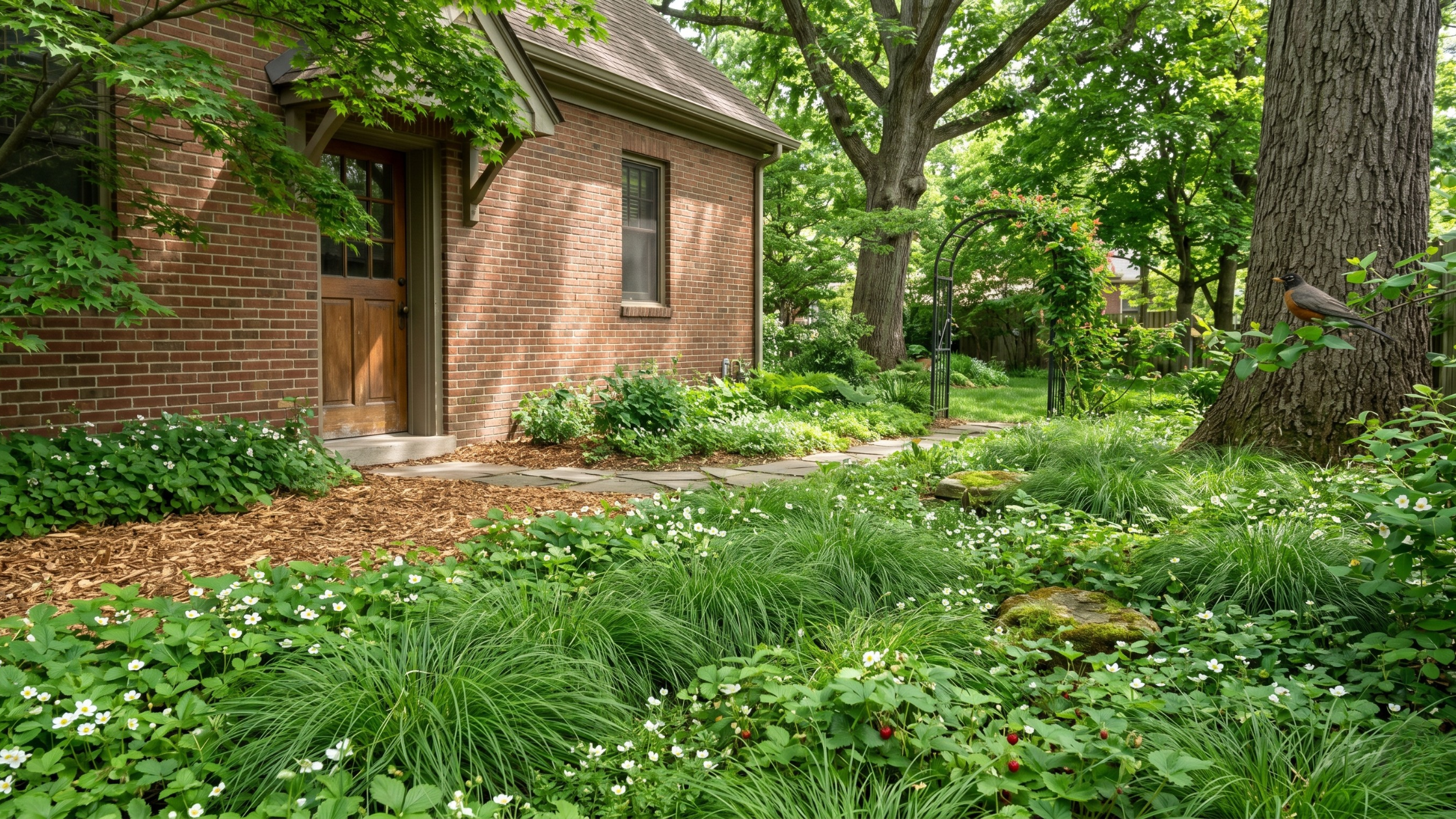 native groundcovers and sedges in the shaded side yard