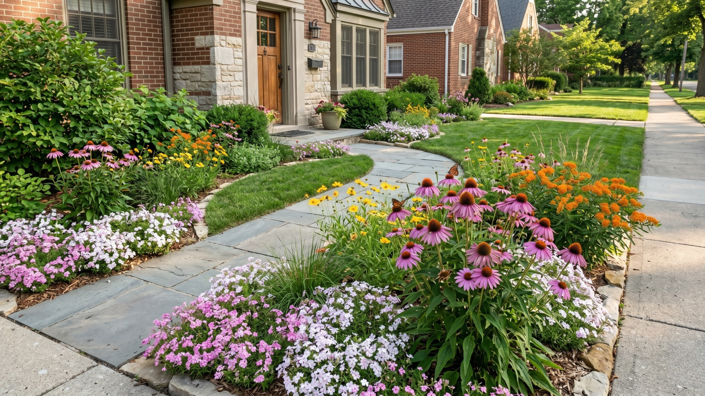 purple coneflower, fragrant phlox, and orange butterfly milkweed in the front entry border