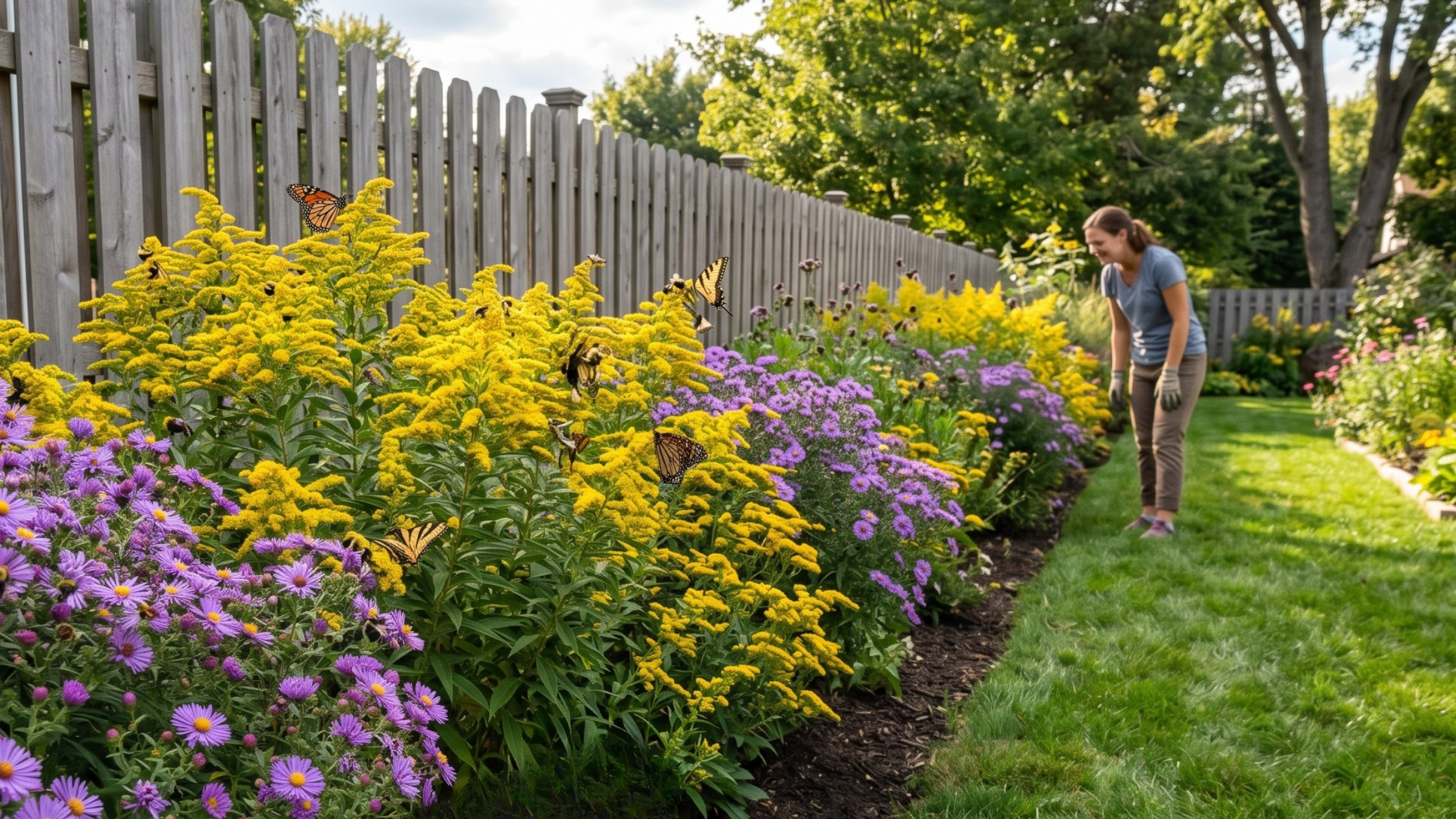 asters and goldenrod in the lawn edge along the fence line