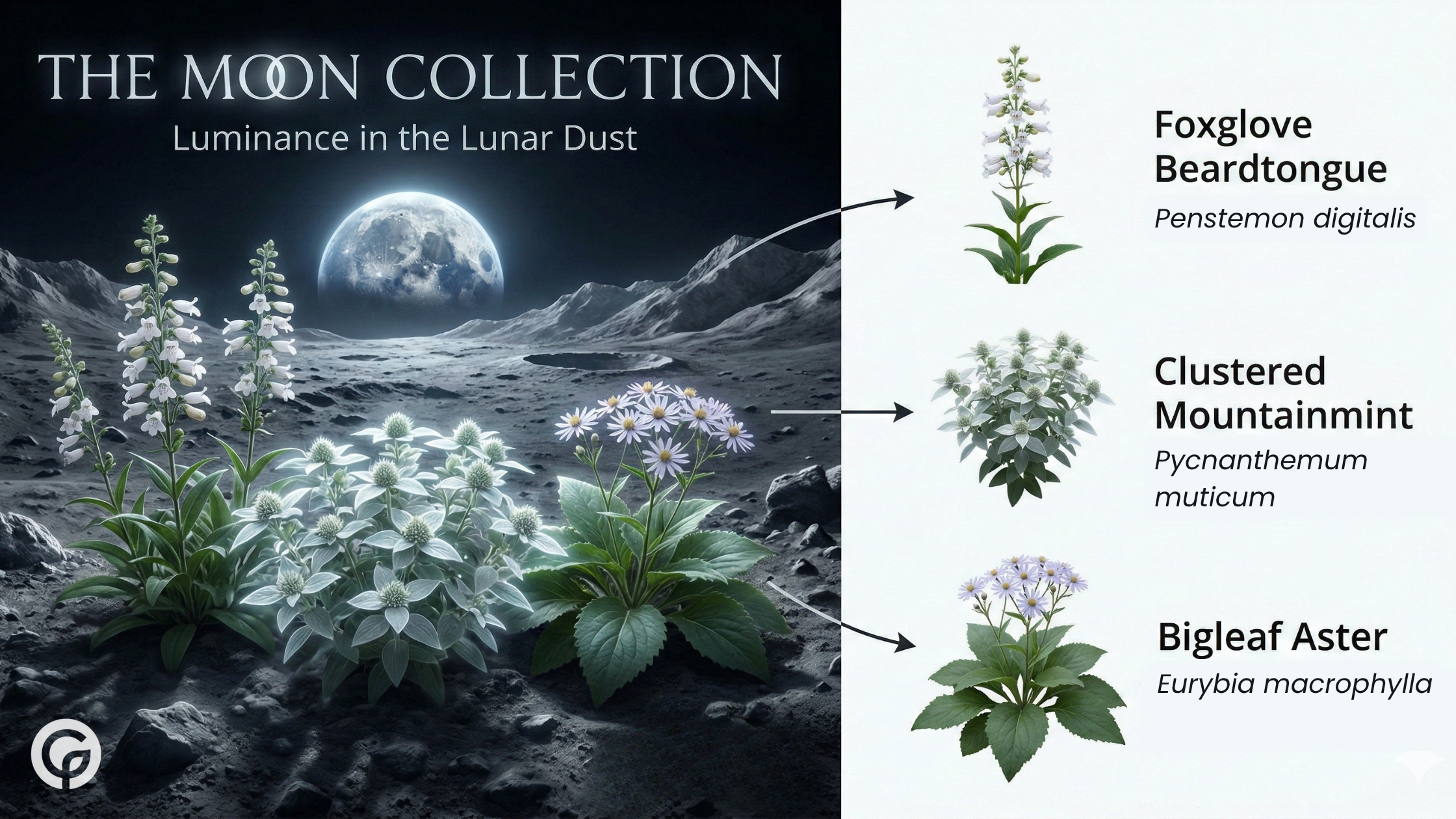 The Moon Collection features Foxglove Beardtongue, Clustered Mountainmint, and Bigleaf Aster