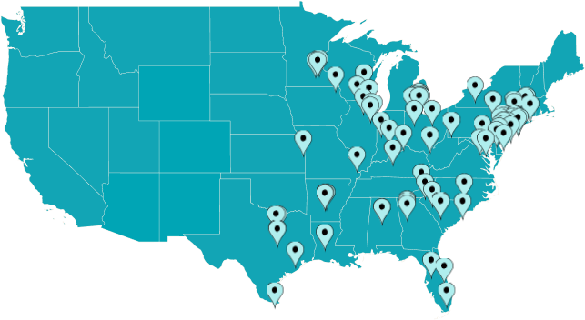 Map of the United States with location markers of Garden for Wildlife donation garden locations