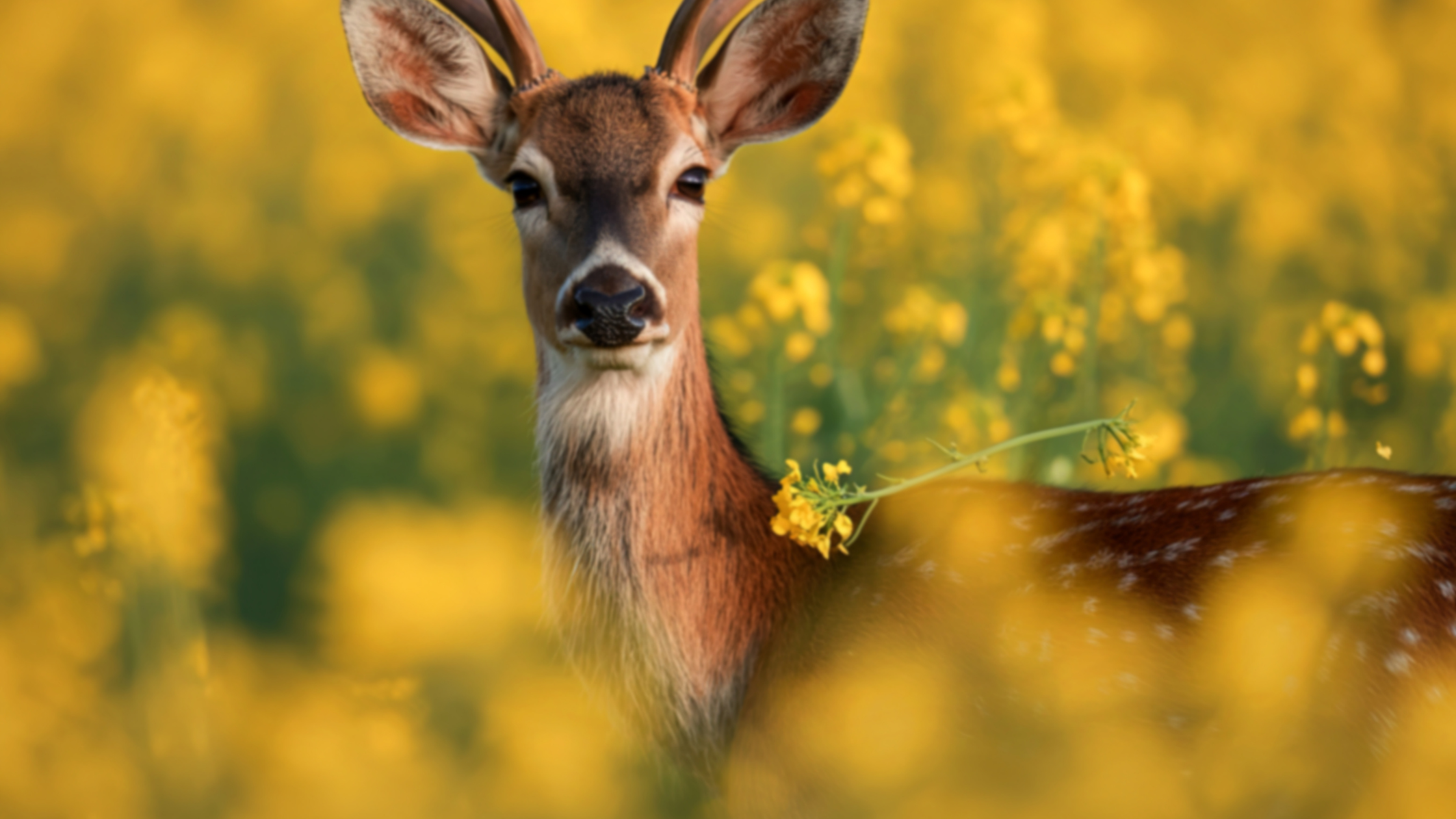 Deer sitting in field of yellow flowers