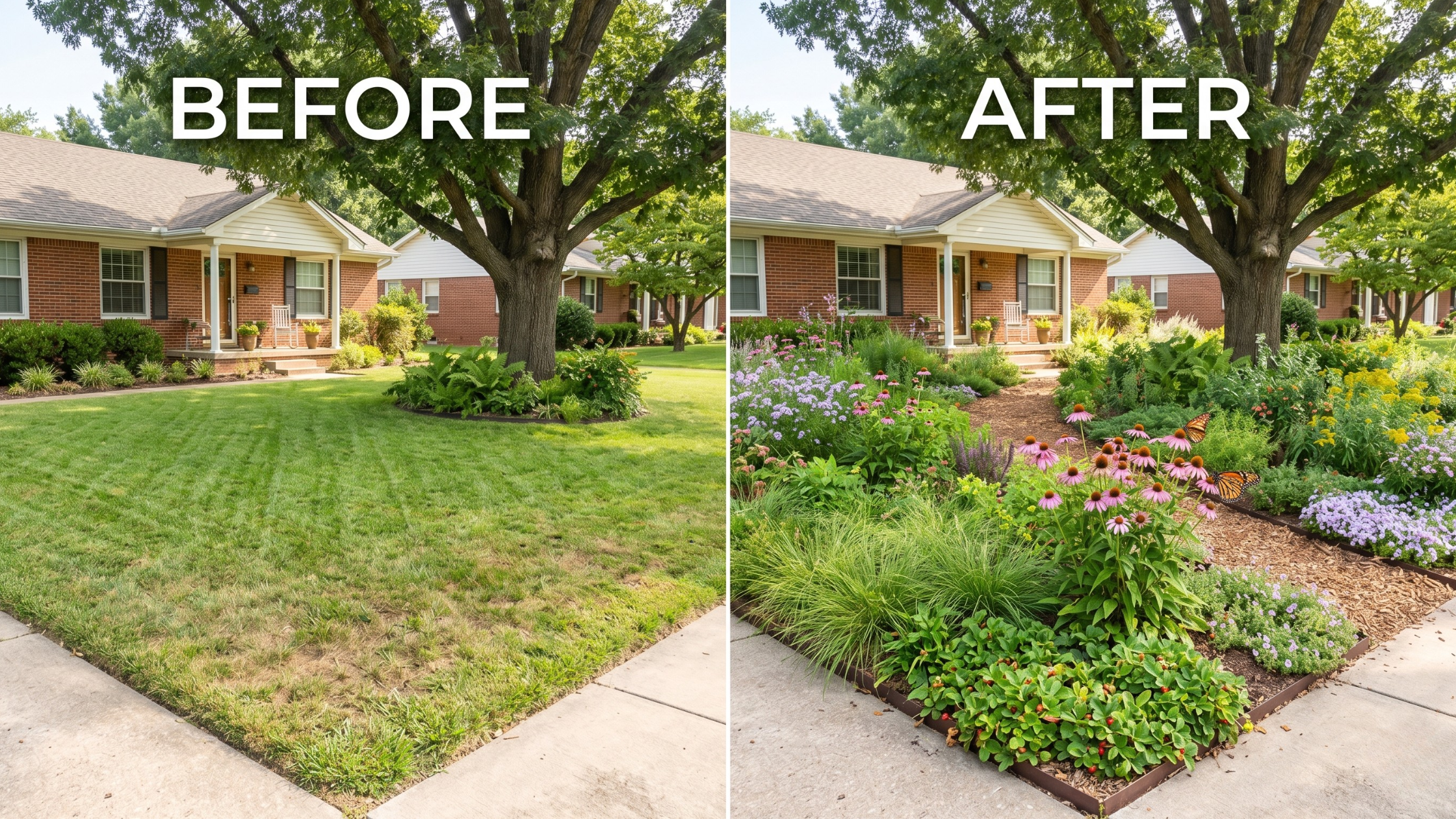 before and after lawn transformation: replacing turf grass with native plants 
