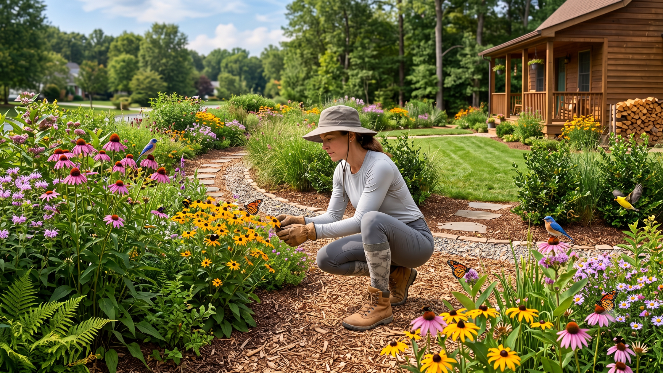gardener in protective gear in the native plant garden